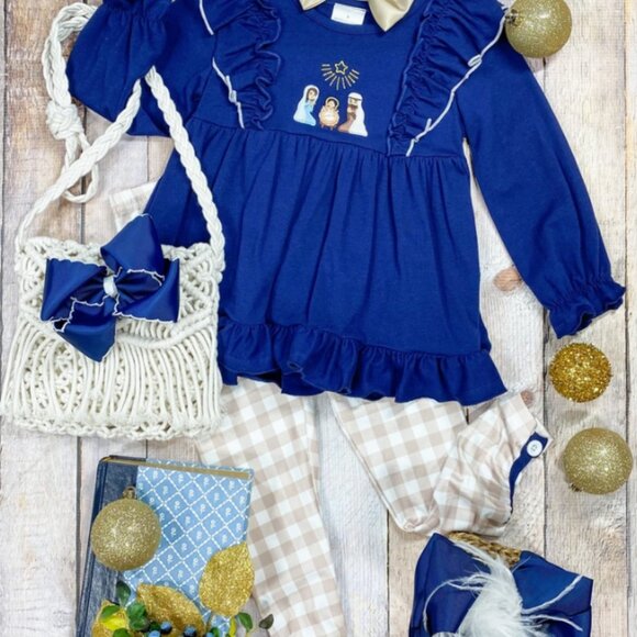 Girls Nativity Scene Gingham 2pc Set - Picture 1 of 1